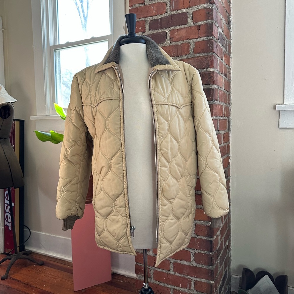 Sz XL Pioneer Wear Beige Cream Tan Puffer Fur Collar Vintage 70s